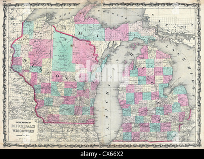 1862 Johnson Karte von Michigan und Wisconsin Stockfoto