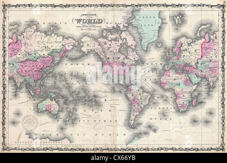 1862 Johnson Weltkarte auf Mercator-Projektion Stockfoto