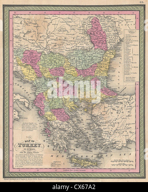 1853 Mitchell-Karte von Türkei in Europa und Griechenland (Griechenland, Balkan, Mazedonien Stockfoto