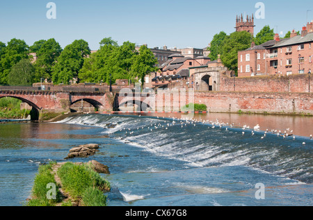 Die alte Dee Brücke, Bridgegate, River Dee Wehr & Lachs springen, Chester, Cheshire, England, Vereinigtes Königreich Stockfoto