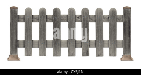 Lattenzaun, machte der alte Grunge verwitterte Holzpfosten und Planken isoliert auf einem weißen Hintergrund als dekoratives Wohndesign Element und ein Symbol der vorstädtischen Familienleben. Stockfoto