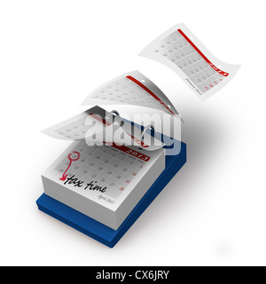 Desktop-Kalender mit Monaten fliegt bis STEUERZEIT auf weißem Hintergrund Stockfoto