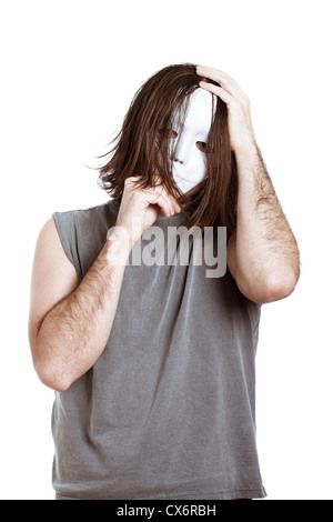 Bizarre Horror maskierte Mann, isoliert auf weißem Hintergrund. Stockfoto