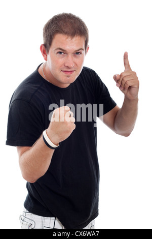 Porträt des jungen böse Menschen, isoliert auf weißem Hintergrund. Stockfoto