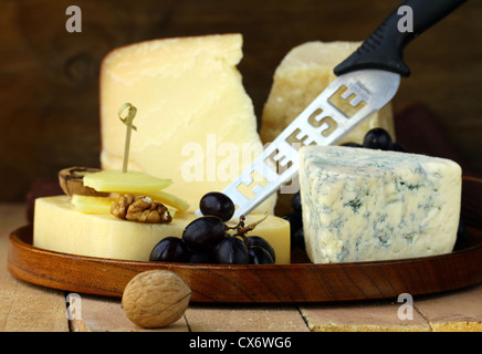 Stillleben Käseplatte mit Nüssen und Trauben Stockfoto