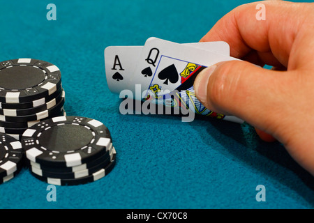 Eine gewinnende Hand von einundzwanzig im Spiel von Blackjack oder Ponton Stockfoto