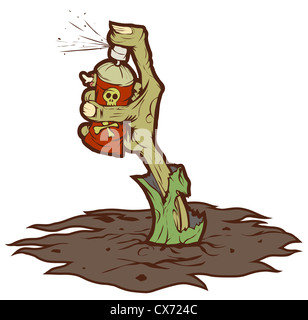 Zombie-Hand ragte aus dem Boden und Graffiti zeichnen. Isoliert auf weißem Hintergrund Illustration. Stockfoto