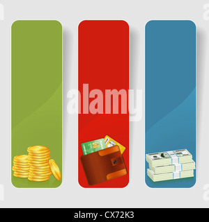 Drei Business-Frame mit Stapel der Dollar, Gold-Münzen und Leder Geldbörse mit Kreditkarten, Vektor Stockfoto
