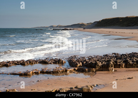 Zwei Menschen laufen entlang der perfekte Strand bei Scremeston auf der Northumberland Küste Englands Stockfoto