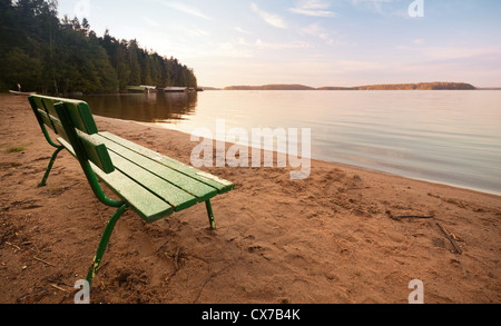 Grüne Holzbank an der Küste des Sees im Morgenlicht Stockfoto