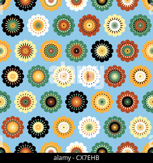 Mehrfarbige funky Blumen abstrakt nahtlose Muster auf blauem Hintergrund. Stockfoto