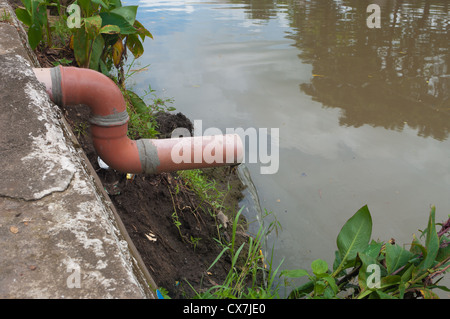 Wasser kommt aus einem kleinen Rohr fließt in einen Fluss Stockfoto