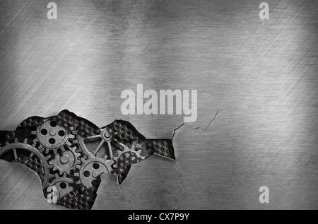 Metall Hintergrund mit mechanischer Beschädigung und sichtbar Getriebe des Motors Stockfoto
