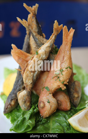 Frittierte ganze gestreifte Meerbarbe (Mullus Surmuletus) Stockfoto