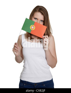 Frau zeigt portugiesische Flagge Stockfoto