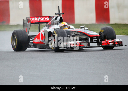 Lewis Hamilton für McLaren-Mercedes im Jahr 2011 fahren, bei Montmelo Rennstrecke in Barcelona, Spanien Stockfoto