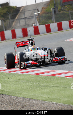 Lewis Hamilton für McLaren-Mercedes im Jahr 2011 fahren, bei Montmelo Rennstrecke in Barcelona, Spanien Stockfoto