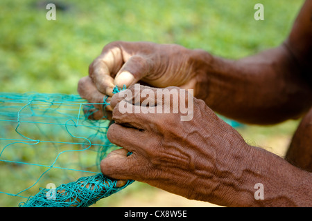 Hände von einem lokalen Fischer Flicken ein Fischernetz Waikkal Dorf, Sri Lanka Stockfoto