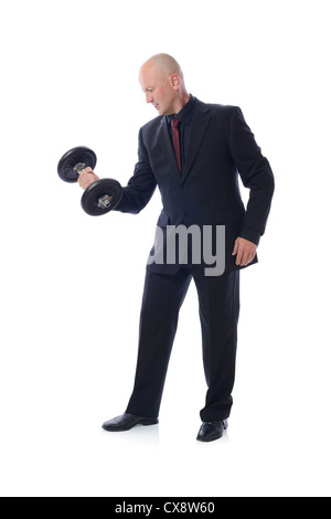 Der Mensch ist Anzug heben ein Gewichtskonzept für Stärke und macht Stockfoto