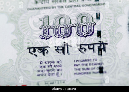 Detailansicht der indischen hundert Rupien note Stockfoto