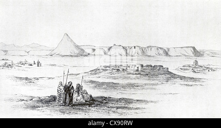 Dieser Überblick über die Dämme in Nimrud ist aus einer Zeichnung von Austen Henry Layard im Jahre 1851 an Ort und Stelle gemacht. Stockfoto