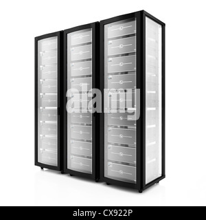 3D Rendern mehrerer Rack-Server auf weißem Hintergrund Stockfoto
