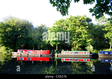 Boote auf dem Fluss Lee (oder Lea), Lee Valley, London, England, UK, schmal, Boot, Boote, Bootfahren, Narrowboat, Narrowboats, Großbritannien Stockfoto