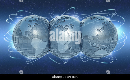 Der Planetenerde zeigt die 3 Seiten in der ganzen Welt. Die Linien symbolisieren die Verbindungen zwischen den Ländern. Stockfoto
