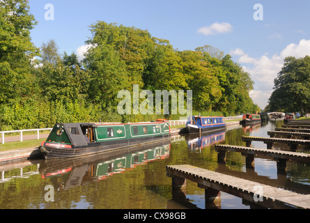 Narrowboats vertäut am Trent & Mersey Kanal an Fradley Verzweigung, Staffordshire, England Stockfoto