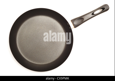 Pfanne über Kopf gedreht und isoliert auf weißem Hintergrund Stockfoto