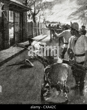 Philippine Krieg von Unabhängigkeit. Manila. Aufständischen Angriff auf die Kaserne der 13. Minnesota Freiwilligen während des Brandes Tondo. Stockfoto