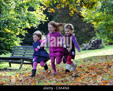 Drei junge Mädchen, die herbstlichen Blätter auf Hubbards Hügeln durchzogen. Stockfoto