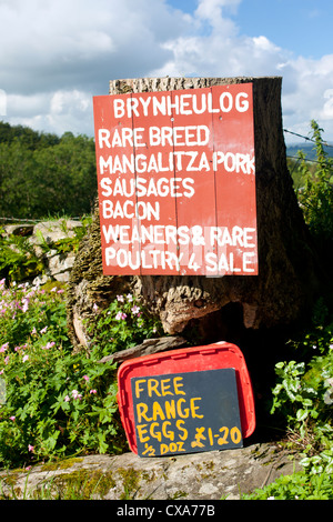 Bauernhof Ladenschildern Werbung, Fleisch, Geflügel, Speck, Eiern Freilandhaltung Brynheulog Farm in der Nähe von Jahr Brefi Ceredigion Mid Wales UK Stockfoto