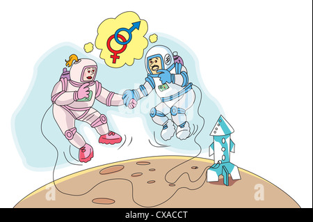 Astronauten in der Liebe, Raumweg, Rakete zum Mond, Vektor-illustration Stockfoto