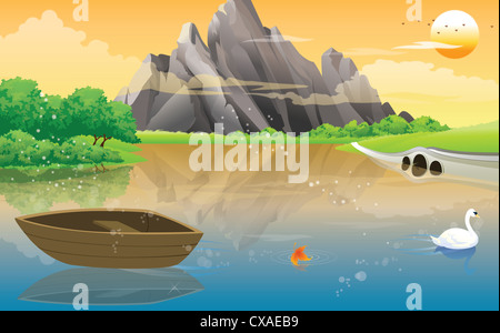 Boot auf dem See, mit weißen Schwan, Rocky Mountain View, Vektor-illustration Stockfoto