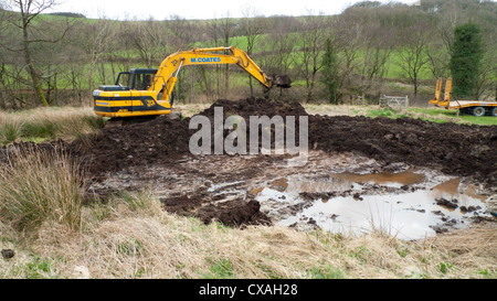 Auftragnehmer mit einem 360-Grad-Bagger graben Teich Tiere auf einem Bauernhof. Powys, Wales. April Stockfoto