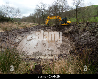 Auftragnehmer mit einem 360-Grad-Bagger graben Teich Tiere auf einem Bauernhof. Powys, Wales. April Stockfoto