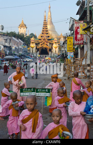 Junge Nonne Novizen vor dem östlichen Eingang zur Shwedagon, Yangon, Myanmar (Burma), Asien Stockfoto