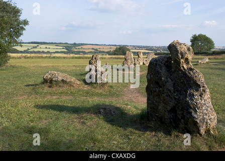 Rollright Stones, ein neolithischen standing Stone circle aus der Zeit um 2500BC, an der Grenze von Oxfordshire Warwickshire, England Stockfoto