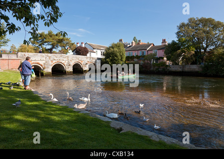Drei Männer Angeln vom Boot auf dem Fluss Avon in Christchurch Dorset England UK. Stockfoto