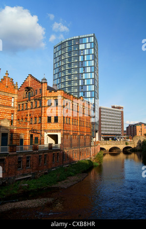 UK, South Yorkshire, Sheffield, Fluss Don, Blick nach Osten von der Dame Brücke, Schloss Haus, neues Bürogebäude, Park Inn & Hilton Hotels Stockfoto