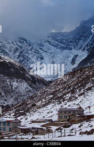Schneebedeckte Berge und eine gefrorene Gletscher hinter dem Dorf Kyanjin Gompa, Langtang-Tal, Nepal Stockfoto