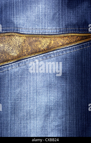Textur der Jeans mit Reißverschluss. Element des Designs. Stockfoto