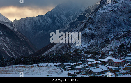 Dorf von Kyanjin Gompa mit schneebedeckten Bergen im Langtang-Tal in der Ferne, Nepal Stockfoto