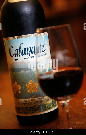 Flasche und Glas Wein am Etchart Weingut in Cafayate, Provinz Salta, Argentinien. Stockfoto