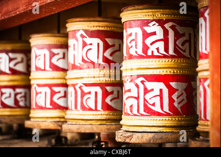 Buddhistische Gebetsmühlen im tibetischen Kloster mit schriftlichen Mantra. Indien, Himalaya, Ladakh Stockfoto