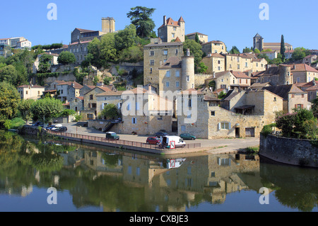 Dorf Puy i'Evegue und dem Fluss Lot in der ruhigen sonnigen Morgen Lot et Garonne Frankreich Stockfoto