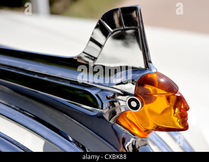 Pontiac-Plakette, 1950 Lucite Red Indian Chief auf Chrome, der auf des amerikanische Autos Motorhaube oder Haube montiert ist. Stockfoto