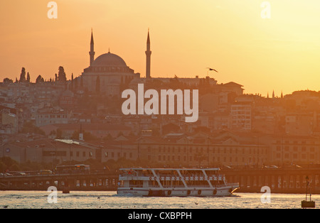 ISTANBUL, TÜRKEI. Sonnenuntergang am Goldenen Horn (Halic), mit den Yavuz Selim Moschee dominiert die Skyline. 2012. Stockfoto