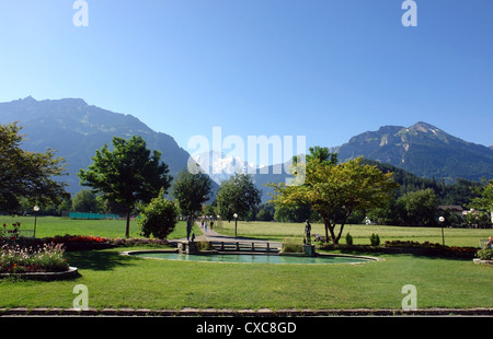 Ein offenes Feld in Interlaken mit Blick auf die Berge im Hintergrund. Im Hintergrund gibt es ein schönen Rosengarten. Stockfoto